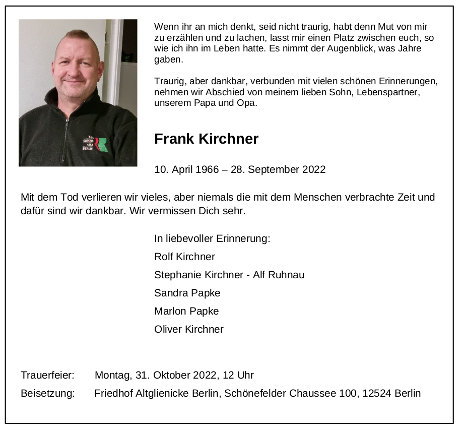 Traueranzeige Frank Kirchner